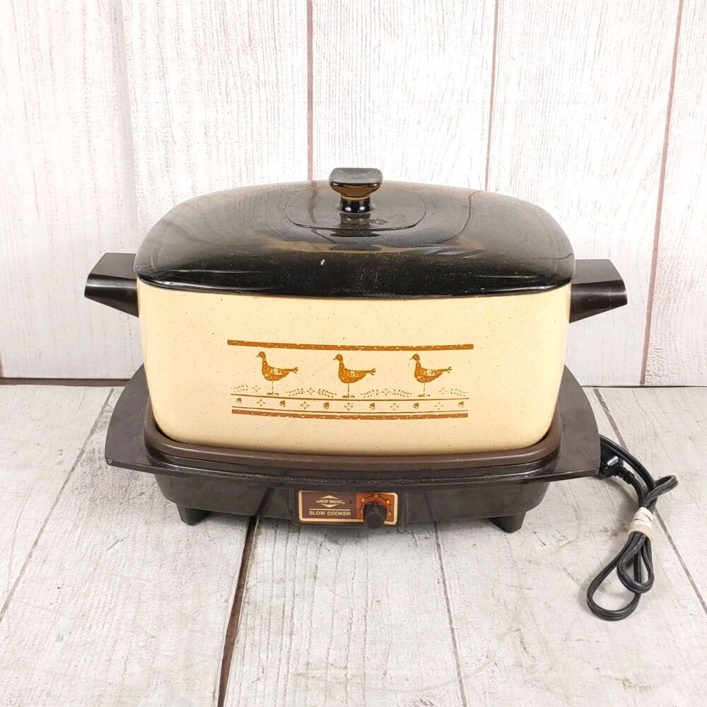 VINTAGE West Bend CHICKEN DESIGN Slow Cooker 6QT MCM w/Amber Glass Lid - TESTED